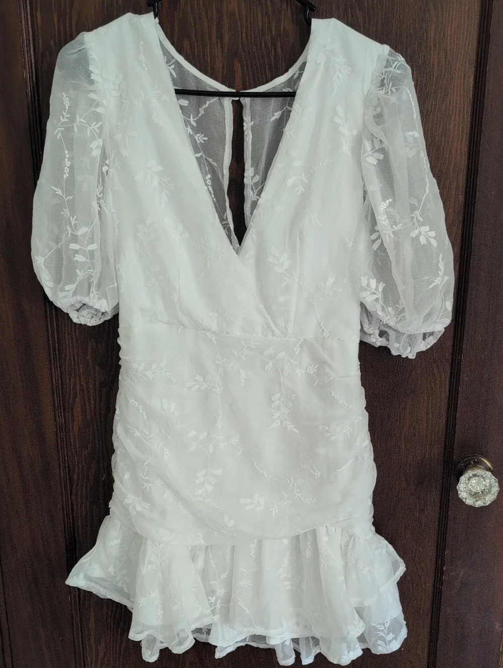 White Floral Embroidered V-Neck Puff Sleeve Mini Dress Bachelorette